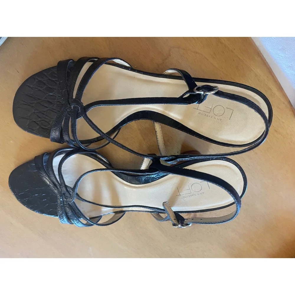 Ann Taylor LOFT Black Croc Embossed Leather Wooden Wedge Sandals Womens 9M